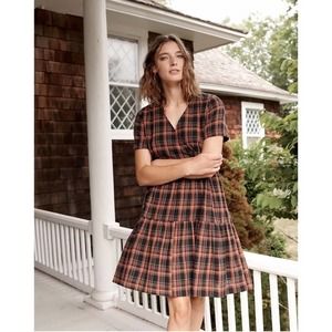 Madewell Plaid Faux-Wrap Short Sleeve Tiered Mini Dress